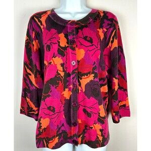 Talbots Pink Purple Poppies Cashmere Cardigan Sweater Size L